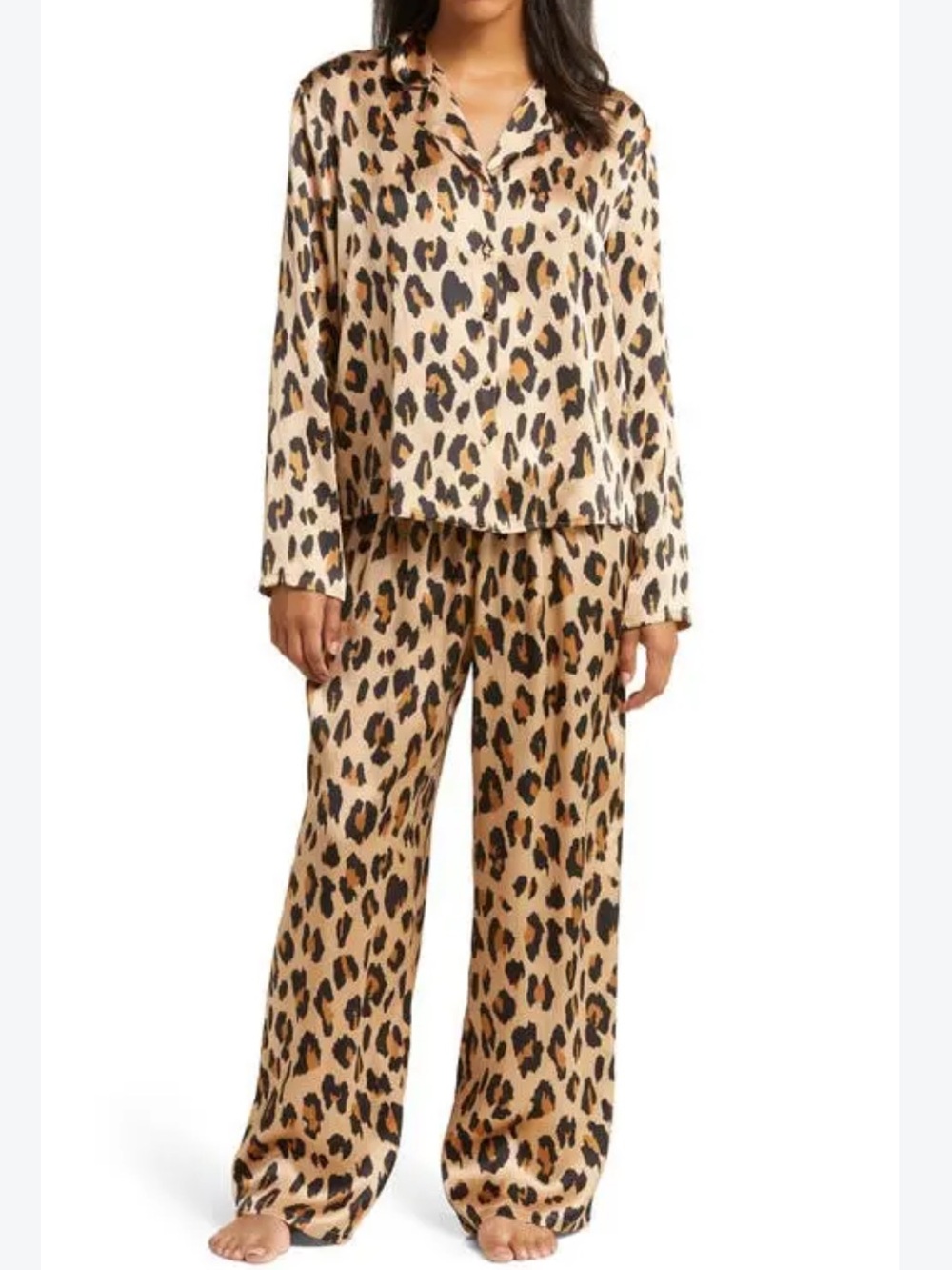 Nordstrom Washable Animal Prink Silk Long Sleeve Pajamas Size Medium Tan Leopard